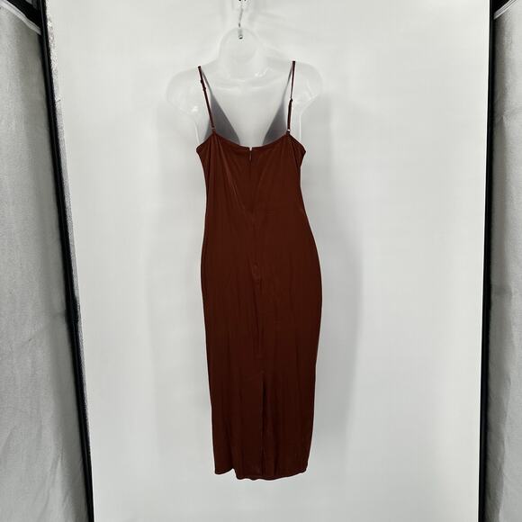 Satin Slip Dress Medium Chocolate Brown Twist Front Deep V Y2K Midi Party Glam - Picture 7 of 7